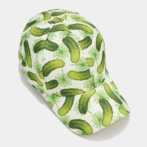 White baseball cap with green pickle pattern and curved brim for outdoor sun protection