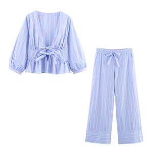 Women Stripe Polyester V Neck Tie Front Peplum Top And High Waist Long Pants Casual Sweet Streetwear
