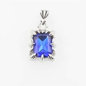Retro punk dragon claw necklace with large blue rectangular gemstone in silver pendant