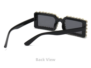 Detail view of rectangular sunglasses showing inner temple measurements and golden rhinestones
