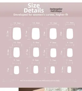 Tableau des tailles pour faux ongles longs carrés avec 12 mesures de précision