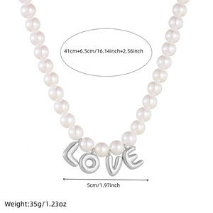 White pearl necklace with silver LOVE pendant and dimensions 41cm+6.5cm length