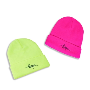 Fashionable warm knit beanie set in neon green and vibrant pink with hope embroidery