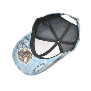 Men's light blue denim baseball cap with vintage Beach Calling surf prints and adjustable strap