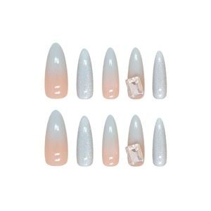 Pink and blue gradient handmade press-on nails with rhinestones and silver cat-eye finish