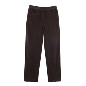 Women's dark brown corduroy straight-leg trousers with button waist and side pockets