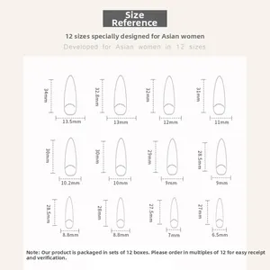 Size chart showing 12 long stiletto nail dimensions in millimeters for a perfect fit