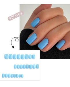 Glossy light blue square press-on nails set shown on hands and neatly arranged