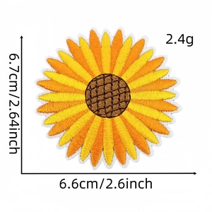 Detail view of yellow sunflower embroidery patch with 6.7cm by 6.6cm size dimensions