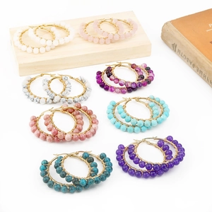 Bohemian large hoop earrings with colorful natural stone beads and gold wire wrap