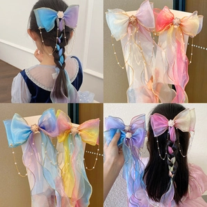 Colorful organza ribbon bow hair clip with gradient streamers and elegant pearl chains