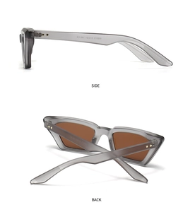 Detailansicht der grauen transparenten Sonnenbrille mit Seiten- und Rückansicht-Design