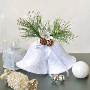 White velvet Christmas double bells ornament with pine needles and pinecones decor