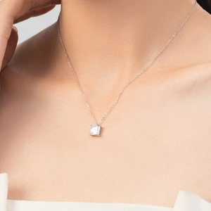 Elegant S925 sterling silver square diamond pendant necklace shown on a model neck