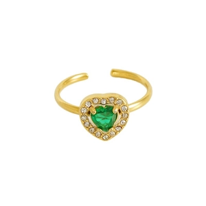 18K gold plated open ring featuring a green heart zircon surrounded by micro diamonds