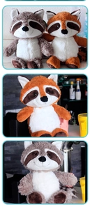 Vertical collage showing details of brown and orange raccoon plush toy variations