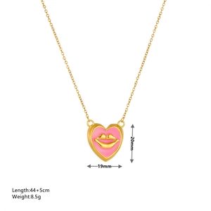 18K gold plated titanium steel heart necklace with pink enamel and lip motif