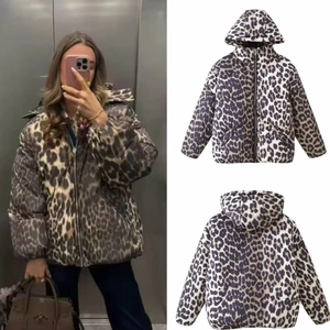 Damen Leopard Print Pufferjacke Mit Kapuze Dicke Warme Wattierte Jacke Reißverschluss Kurz Streetwear