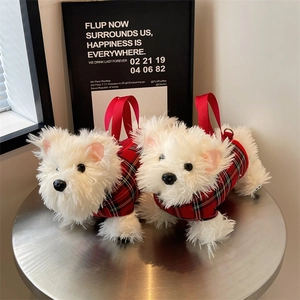 Cute Westie dog plush handbag in white faux fur with red tartan fabric details