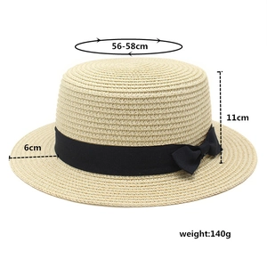 Detailed size chart of flat top straw boater hat with black bow and dimensions