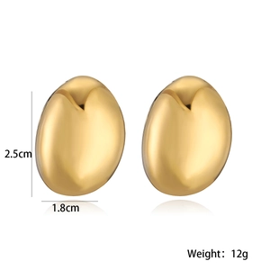 Detailed view of gold oval stud earrings showing dimensions 2.5cm by 1.8cm and 12g weight
