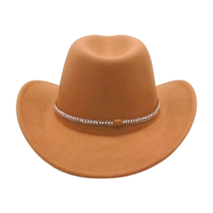 Close-up of wool felt cowboy hat featuring shimmering pearl and rhinestone band detail