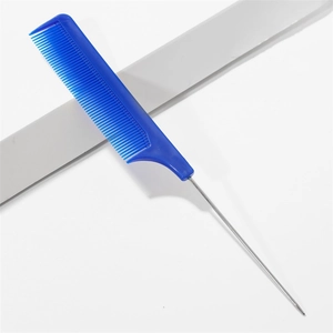 Detailed view of professional blue plastic hair dyeing comb with slim steel pintail