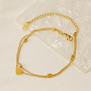 Double Layer Heart Pendant Anklet 18K Gold Plated Stainless Steel Round Bead Chain Foot Jewelry For Women Retro Minimalist