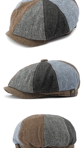 Detailed views of a patchwork newsboy cap in tweed featuring blue, grey and brown colors