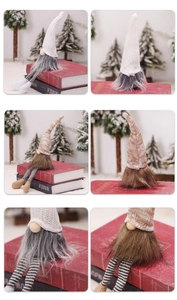 Detailed view of Christmas long-legged gnome decor with knitted hats and fur beards
