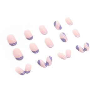 Short round press-on nails set featuring light pink and lilac marble wave patterns