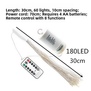 Detail view of 180 LED hanging firework lights with 8-mode remote and battery box components