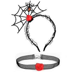 Gothic Halloween set featuring a black spider web rose headband and lace choker detail
