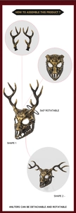Detail of detachable bronze deer bone mask showing 360-degree rotating antler assembly