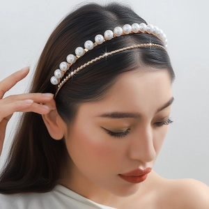 Elegant Layered Headband With Faux Artificial Pearls And Rhinestones Glistening Metal Hair Hoop For Wedding Party Women
