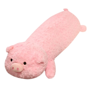 Pink plush pig long pillow with curly faux fur texture for comfortable side sleeping