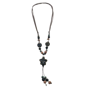 Ethnic retro ceramic long necklace with blue flower pendant and beaded tassel