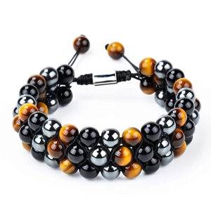Detail of tiger eye and obsidian beaded bracelet with adjustable woven sliding knot