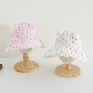 Toddler Girls Sun Visor Cute Rabbit Ears Tulip Print Wide Brim Breathable Summer UV Protection Hat With Windproof Rope