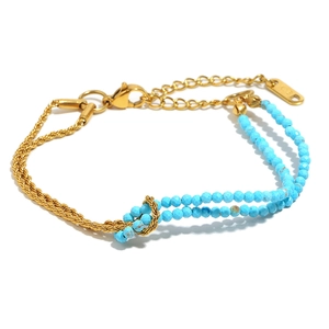 Double-layer 18K gold plated stainless steel twist chain bracelet with turquoise beads