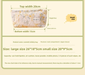 Detail view of the zipper closure and size specifications of the linen embroidery bag