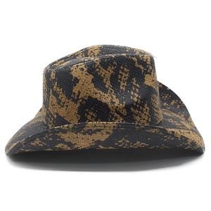 Detailed view of wide brim western cowboy hat with brown animal pattern print and creased crown
