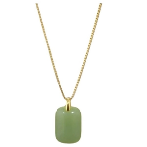 Elegant gold chain necklace with a rectangular green jade pendant on a clean white background