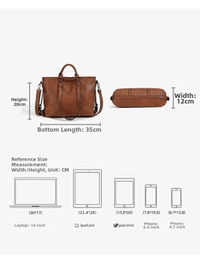 Size chart for brown tote bag showing 35x12x28cm dimensions and item compatibility