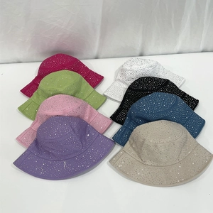 Sparkling rhinestone cotton bucket hats displayed in eight vibrant colors for sun protection
