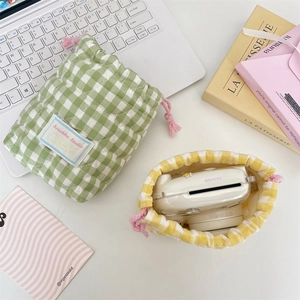 Bolsas acolchadas de cuadros para cámara en algodón suave verde y amarillo con cordón