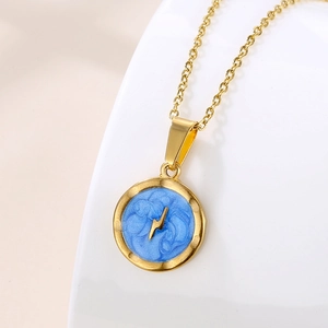 Lightning Bolt Round Pendant Necklace Gold Plated Stainless Steel Blue Enamel Geometric Disc Jewelry For Women Men