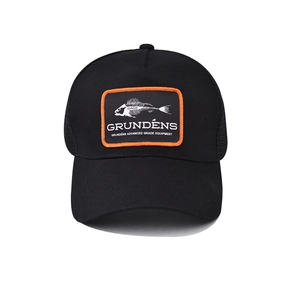 Detailed close-up of fishbone logo patch on a black breathable mesh trucker baseball cap