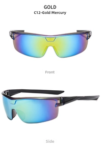 Front and side views of sports cycling sunglasses with rainbow mercury gradient lenses