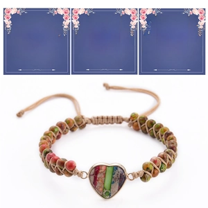 Detailed heart-shaped stone beaded bracelet with woven cord and floral gift cards